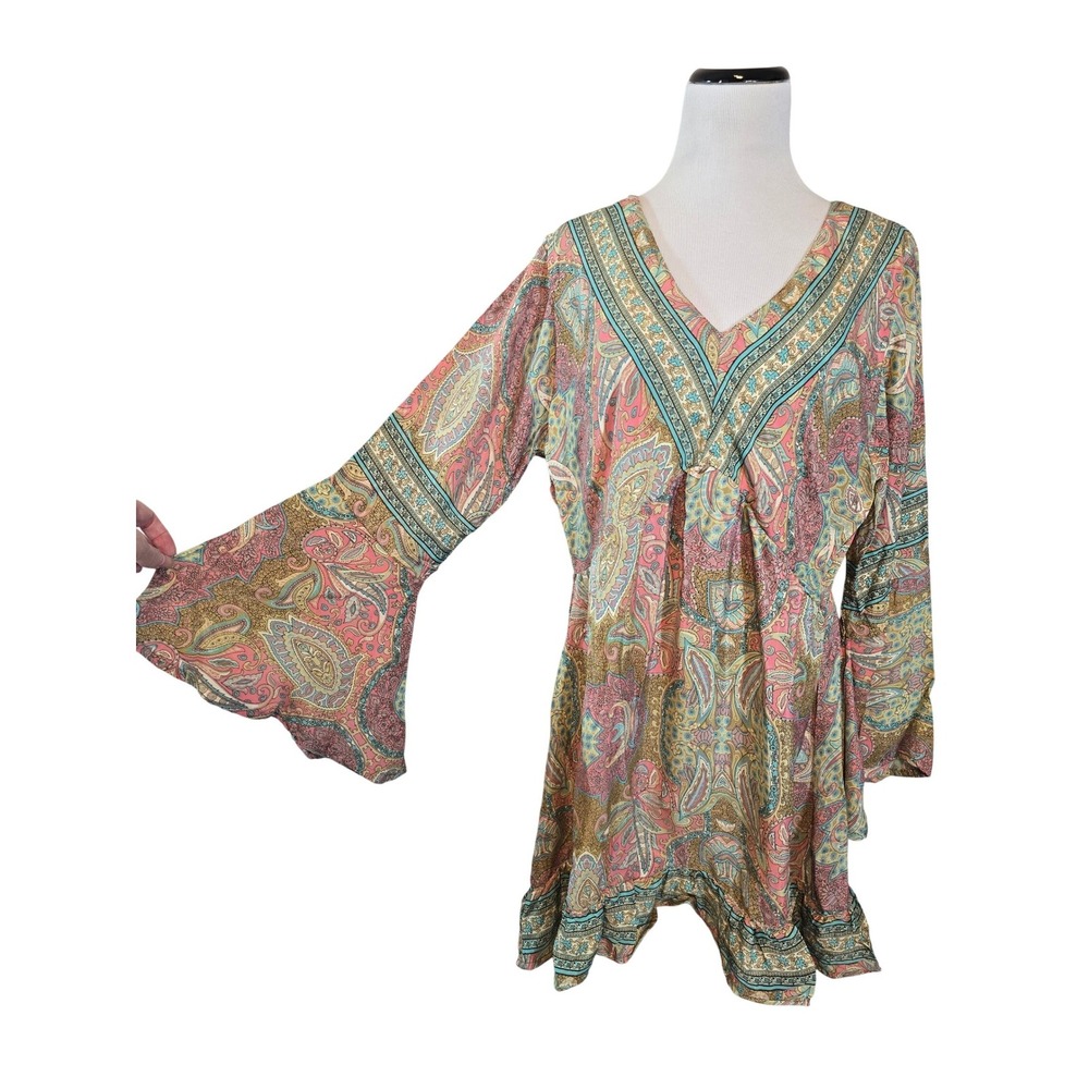 Boho Paisley Babydoll Mini Dress Pink Turquoise Long Sleeve Ruffle Size M/L